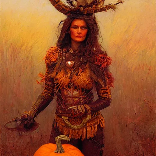 Prompt: a warrior woman made of wicker and gourds, pumpkin head, autumnal, fantasy character portrait by gaston bussiere, craig mullins