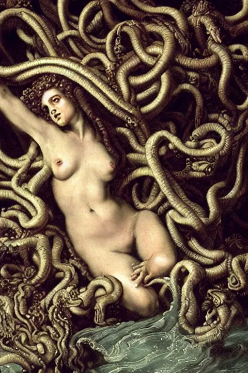 Image similar to Baroque painting of Medusa in a lake, inspired by Gustav Moreau and Wayne Barlowe, exquisite detail, hyper realism, ornate, exquisite detail, cute face