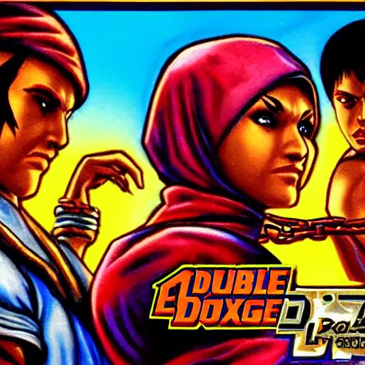 Prompt: portrait of babushka in double dragon video game splash screen