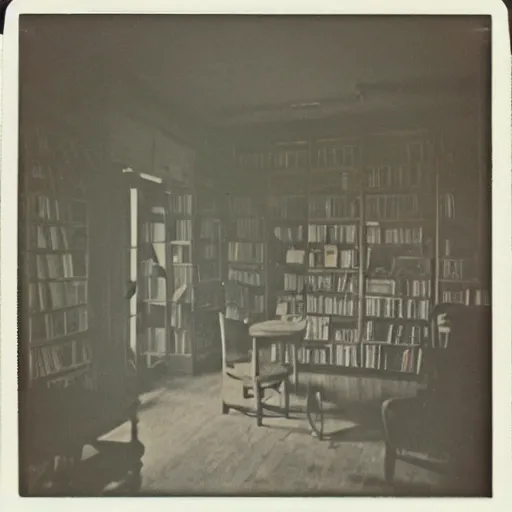 Image similar to 1880, inside a writer room, many books, piles of books, beautiful light, long shadows, 50 mm lens, polaroid photo, yellowed, crackles, scratches, dust, stains