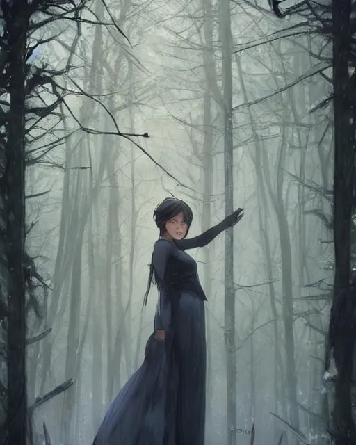 Image similar to elsa, winter, somber, sad, black dress, low light, foggy at dawn, sunlight visible through tree leaves, misty, magic, atmospheric art by artgerm and greg rutkowski and alphonse mucha and by artgerm, by studio muti, greg rutkowski makoto shinkai takashi takeuchi,