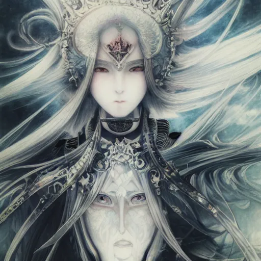 Prompt: yoshitaka amano blurred and dreamy illustration of an anime girl with black eyes, wavy white hair fluttering in the wind wearing elden ring armor and crown with engraving, abstract black and white patterns on the background, noisy film grain effect, highly detailed, renaissance oil painting, weird portrait angle, blurred lost edges, three quarter angle