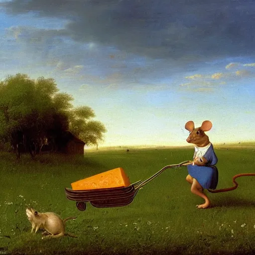 Prompt: baroque painting of a mouse in a meadow pulling a wooden two wheels cart loaded with a large piece of holed cheese, in the background is a blue sky with a bright sun, by michael sowa