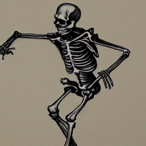 Prompt: pencil sketch of a skeleton sprinting with a cane