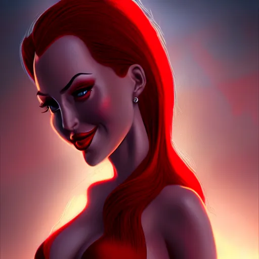 Prompt: realistic jessica rabbit red dress, character headshot portrait, sharp, digital matte painting, art by luis royo, greg rutkowski, wlop, dramatic lighting, trending on artstation