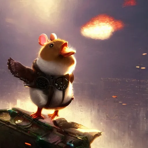 Prompt: hamster riding giant duck, oil painting, steampunk clothes, steampunk city background, sharp focus, fantasy style, octane render, volumetric lighting, 8k high definition, by greg rutkowski, highly detailed, trending on art Station, magic the gathering artwork explosions, centered