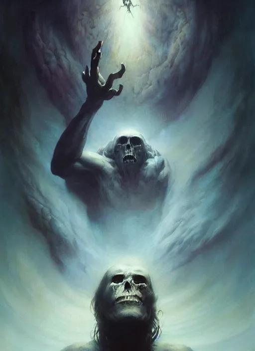 Image similar to shackled in the void of heaven, frank frank frazetta and cgsociety, stunning god sasquatch, charlie bowater and tom bagshaw, insanely detailed, artstation, space art, atoms surrounded by skulls, death, and spirits deep under the haze smaoke, horror, sci - fi, surrealist painting, by peter mohrbacher