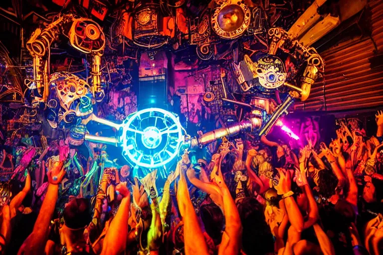 Prompt: scene is elrow party in amnesia in ibiza, portrait photo of a stagediving giant huge golden and blue metal steampunk robot, with gears and tubes, eyes are glowing red lightbulbs, audience selfie, shiny crisp finish, 3 d render, 8 k, insaneley detailed, fluorescent colors, haluzinogetic, background is multicolored lasershow