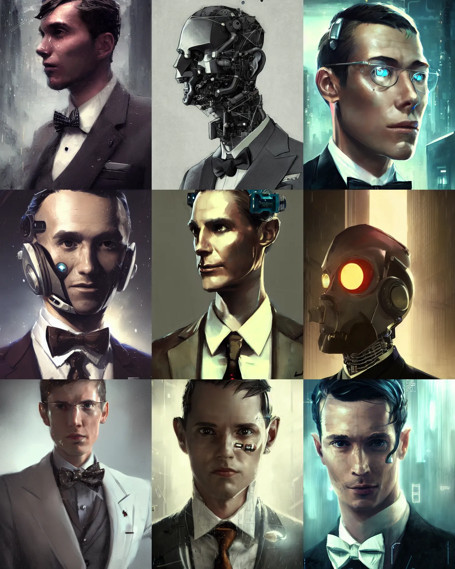 Prompt: a clever young engineer man with cybernetic enhancements wearing a suit and bowtie, detailed face, scifi character portrait by greg rutkowski, esuthio, craig mullins, 1 / 4 headshot, cinematic lighting, dystopian scifi gear, gloomy, profile picture, mechanical, half robot, implants, steampunk