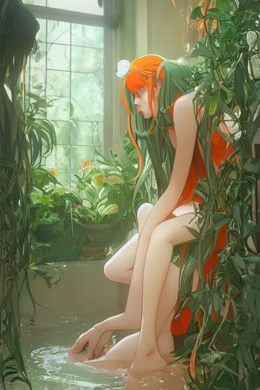 Prompt: a girl with long white hair lying in a bathroom bath at afternoon, plants, green and orange theme by krenz cushart and mucha and makoto shinkai and akihito yoshida and greg rutkowski, 4 k resolution