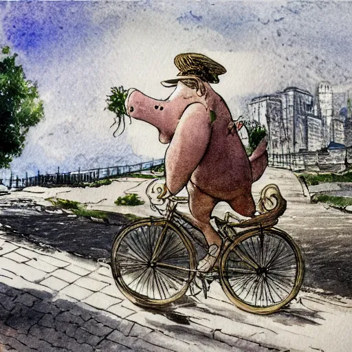 Prompt: a pig riding a bicycle on the road by the seaport,detailed watercolor pen ink illustration by bernini, key visual official media