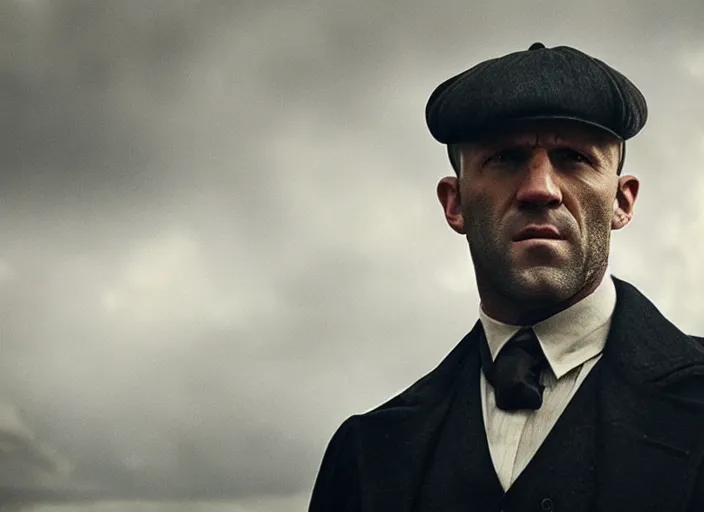 Prompt: film still of Jason Statham!!! as Thomas Shelby in Peaky Blinders, 4k