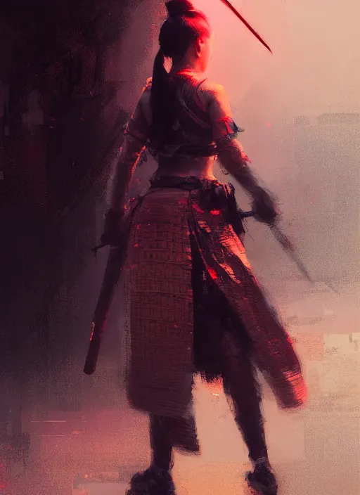 Prompt: female samurai girl, neon, rule of thirds, intricate outfit, spotlight, by greg rutkowski, by jeremy mann, digital painting