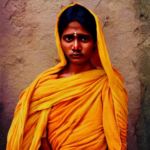 Image similar to realistic expired fuji film portrait of strange india woman mix, marigold celestial vibe, hyperrealism, hypermaxiymalism, photorealistic, detailed, atmospheric, 8 k, award winning photography, cinematic