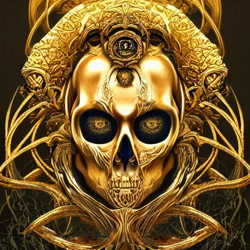 Image similar to ancient hybrid majestic gold skulls whirlpool cosmos throne beautiful symmetrical face mask closeup face mask golden ratio concept, deep forest psytrance Neo-Gothic concept, infinity glyph waves, intricate artwork masterpiece, very coherent artwork, cinematic, full frontal facial features by Artgerm, Takato Yamamoto, Zdizslaw Beksinski, Johnatan Wayshak, Moebius, H.R. Giger, Ayami Koj ima, very coherent artwork, trending on cgsociety, ultra high quality model, production quality cinema model, high detail chromatic ink outline, octane render, hyper reali sm, high detail, octane render, High contrast, highly detailed black ink outline