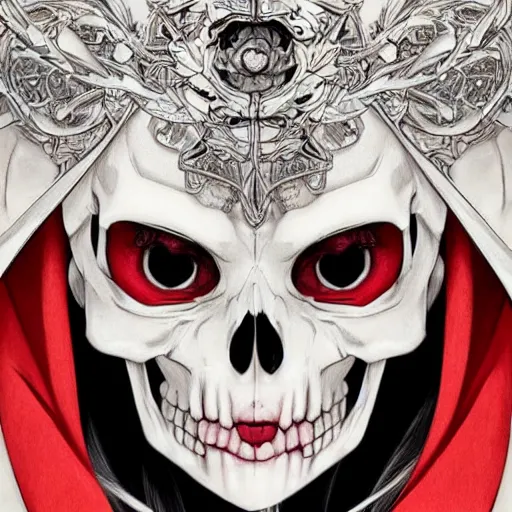 Image similar to anime manga skull portrait young woman skeleton, red riding hood, unreal engine, intricate, elegant, highly detailed, digital art, art by JC Leyendecker and sachin teng