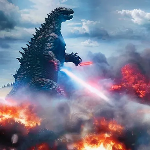 Image similar to photograph of Godzilla destroying a futuristic city, military helicopters in the sky, smoke and destruction, highly detailed, cinematic, photorealistic