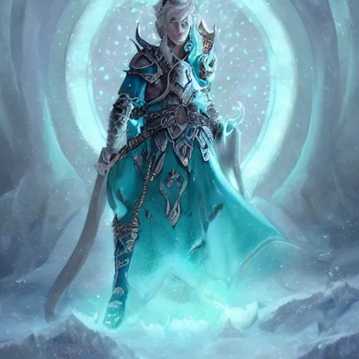 Image similar to handsome male snow elf in a turquoise cape and silver ornate armour, highly detailed face, albino skin, pointed ears, ethereal opalescent mist, moonlight snow, fantasy art, perfect face, elegant, very coherent symmetrical artwork, atmospheric lighting, rule of thirds, by wenjun lin, krenz cushart, charlie bowater, trending on artstation