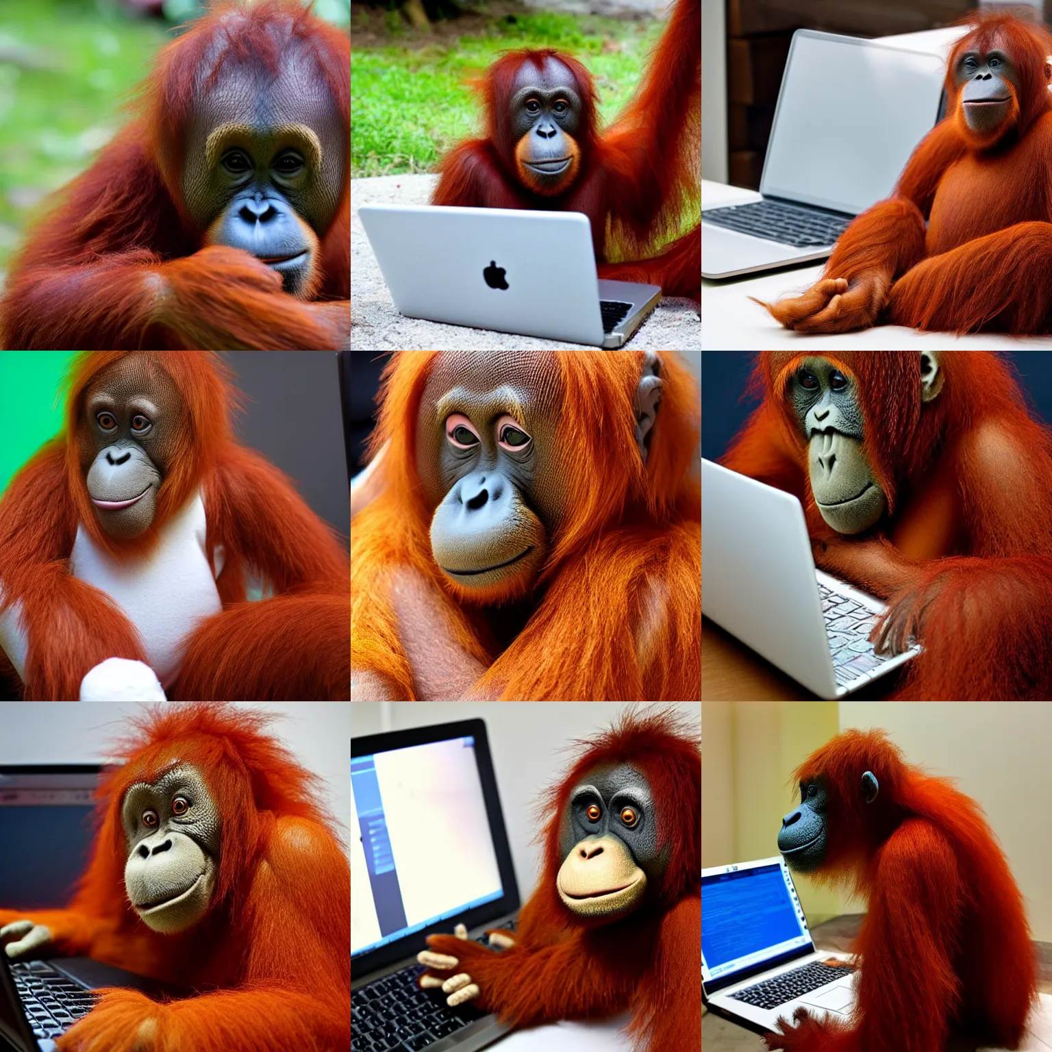 Prompt: an orangutan fluffy plush using a computer
