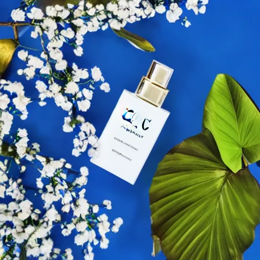 Image similar to centered bright perfume bottle sitting in shallow clear blue rippling water surrounded by a plethora of white flowers and tropical leaves and fauna upfront, with dreamy bright blue sky and clouds in the background, softly - lit, soft - warm, zen, light, modern minimalist f 2 0 clean