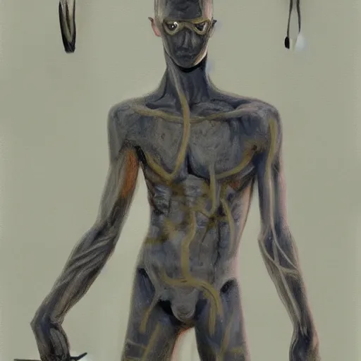 Image similar to fantasy painting of a pale man with a black blade covered in runes, painted by Robert Gould, ultra detailed, 8k