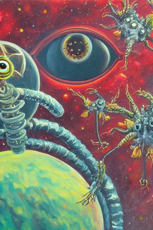 Prompt: oil painting, close-up, hight detailed, creature with six eyes and tubes with flowers everywhere at red planet, in style of 80s sci-fi art, neodada