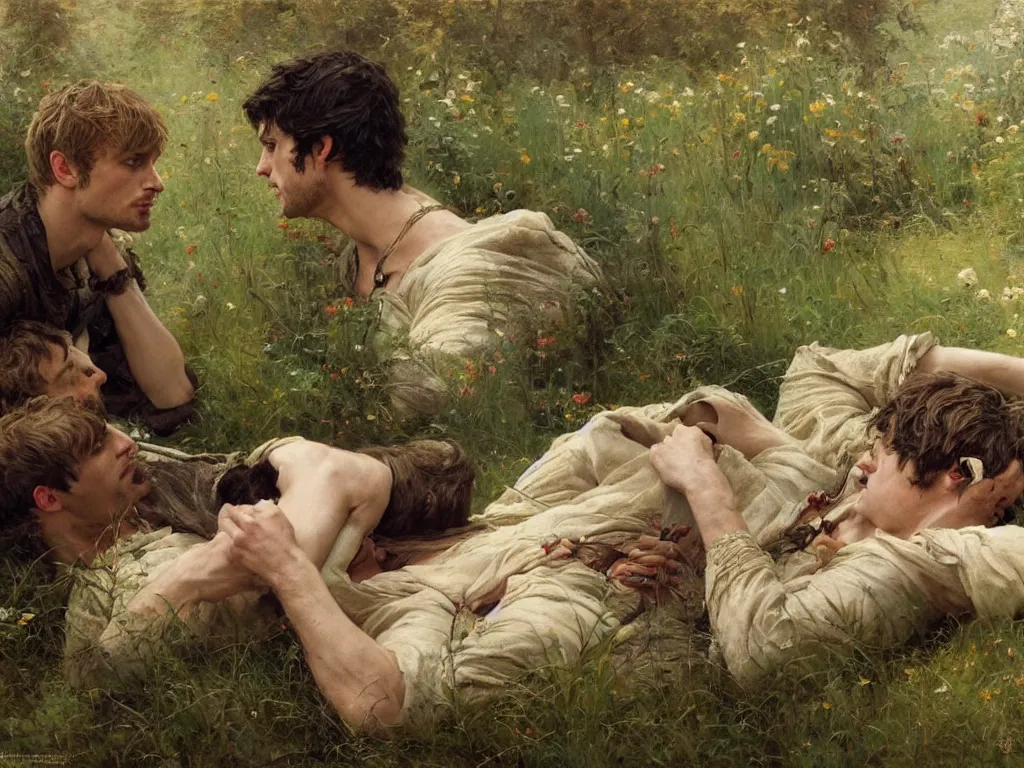 Prompt: attractive bradley james and attractive colin morgan are in a meadow having an intimate talk about their lives. highly detailed painting by gaston bussiere, craig mullins, j. c. leyendecker 8 k