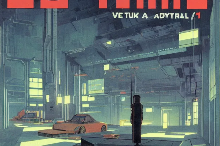 Image similar to a 1979 cover of OMNI magazine depicting an empty warehouse with VR headsets hanging ominously from the ceiling. Neo-Tokyo. Cyberpunk style art by Vincent Di Fate.