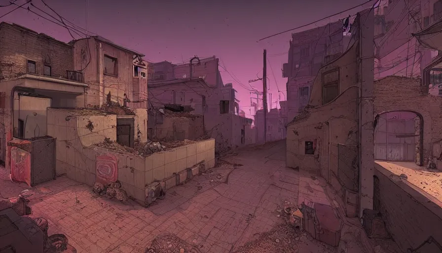 Prompt: an alley of dust 2 map from counter strike global offensive by moebius and kilian eng, atmospheric, fine details, vivid, neon, masterpiece