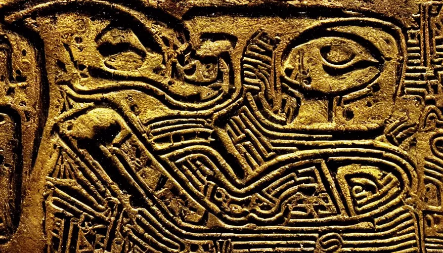 Prompt: h. r. giger hieroglyphs, sorrow intense likely, gold plated, sense of decay given, throw into the abyssal despair, various refining techniques, micro macro auto focus, top photography photo art gallery, realistic photo, insane detail