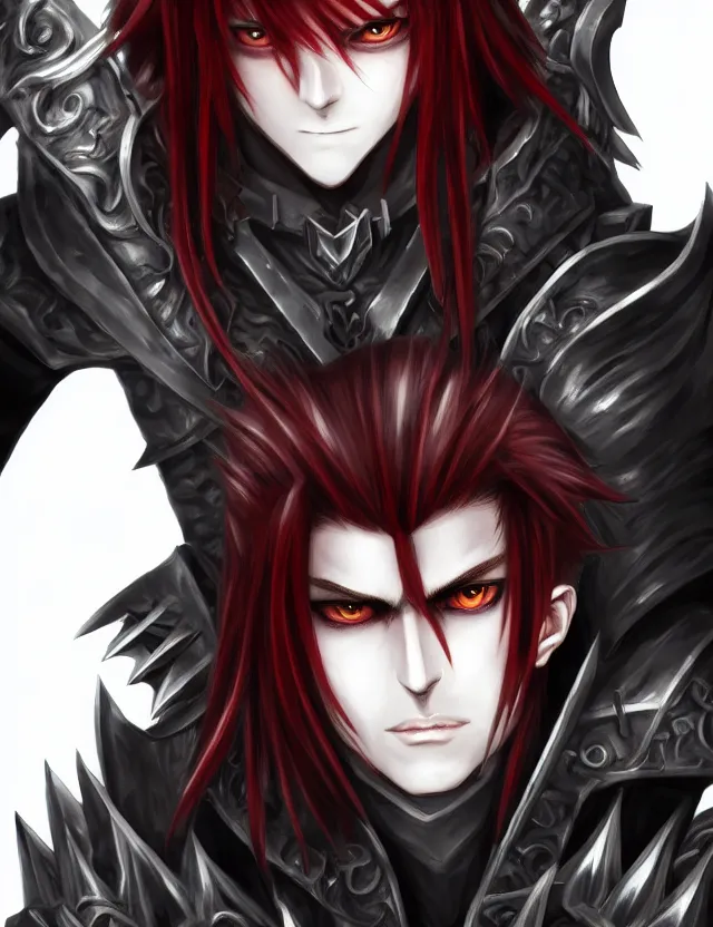 Image similar to a detailed manga portrait of a handsome vampire boy with long crimson hair in dark black spiked armour, trending on artstation, digital art, 4 k resolution, detailed, high quality, sharp focus, hq artwork, coherent, insane detail, character portrait