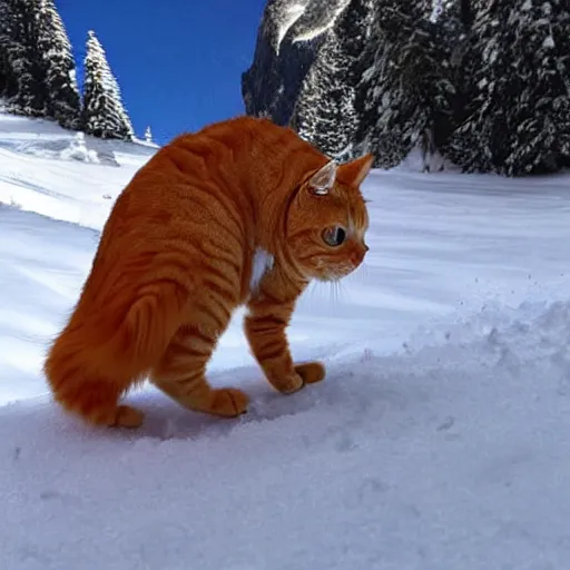 Image similar to an anthropomorphic orange tabby cat skiing
