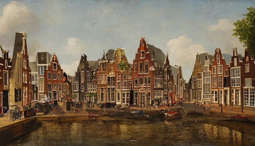 Image similar to dutch townscape scene, isometric view, painting