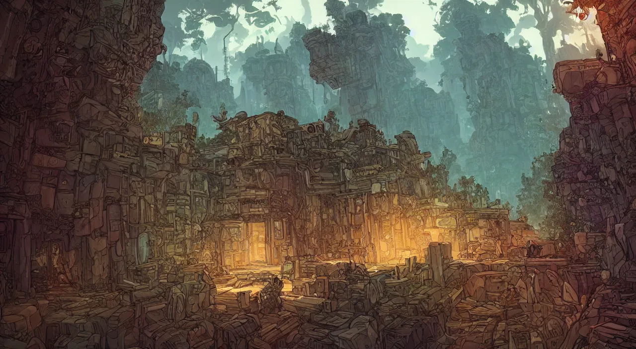 Image similar to open door wood wall fortress greeble block amazon jungle on portal unknow world ambiant fornite that looks like it is from borderlands and by feng zhu and loish and laurie greasley, victo ngai, andreas rocha, john harris