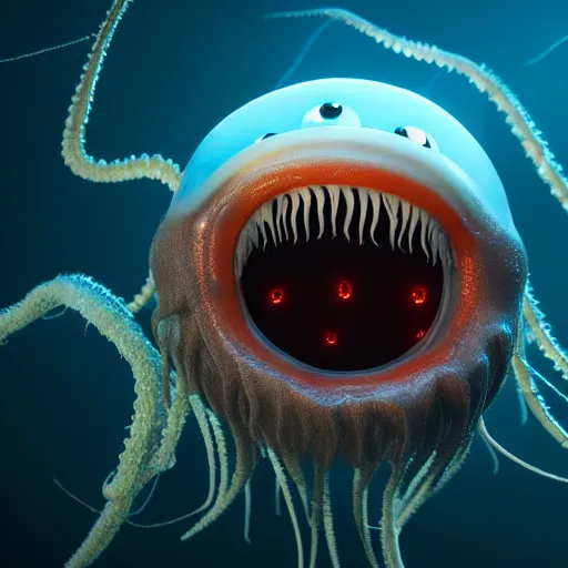 Prompt: a beautiful extreme wide photograph of a horrifying jellyfish monster with huge glowing eyes and sharp fangs in a wide open mouth, highly detailed, smooth, very very clean, 8 k, cinematic movie photograph, cinematic lighting, octane render, zbrush central contest winner, 3 d maya render