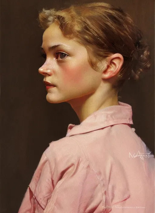 Prompt: high quality high detail painting by norman rockwell, hd, close up portrait, pretty young woman, muted pastel colors, photorealistic lighting