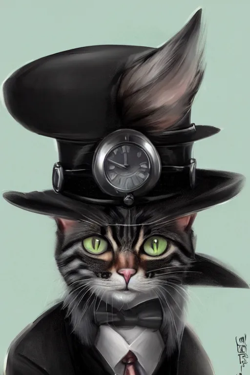 Prompt: a portrait of a cat with steampunk hat, wearing black suit, by Ross Tran, concept art, 4k, artstation, cel-shaded