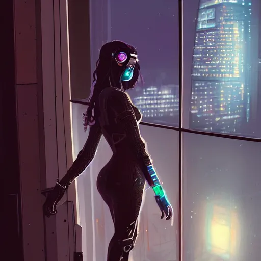 Image similar to portrait of cyberpunk woman looking out of a window, cyberpunk setting, futuristic, highly detailed, intricate lighting, digital painting, sharp focus, illustration, trending on artstation, art by tyler jacobson.
