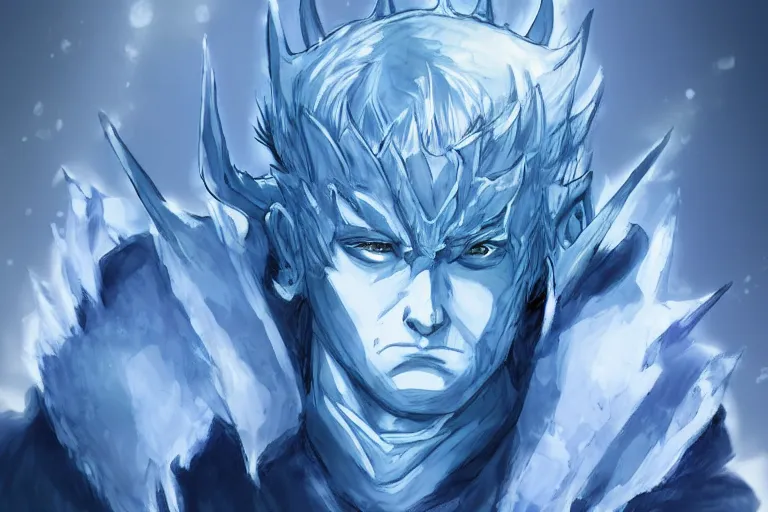 Prompt: a portrait of Night King of Game of Thrones by Kubo Tite,Bleach manga style,small horns, detailed,ice mountains in the background,artstation,manga