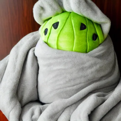 Prompt: cozy tardigrade, giant soft tardigrade curled up in a blanket eating celery, cute, soft, gentle, kind, tender