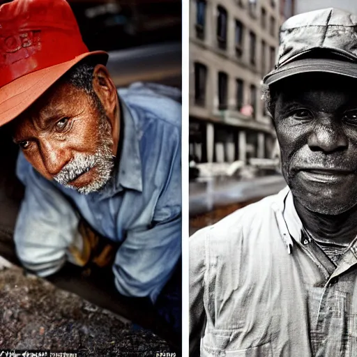 Image similar to closeup portrait of a fisherman fishing next to a manhole in a smoky new york street, by Annie Leibovitz and Steve McCurry, natural light, detailed face, CANON Eos C300, ƒ1.8, 35mm, 8K, medium-format print