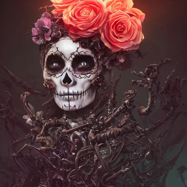 Prompt: a chaotic goddess of death skeleton as a heroine, intricate, elegant skull black rose s day of the dead atmospheric, dramatic, Trending on artstation. augmentations and cybernetic enhancements neon circuits, greg rutkowski , hyperrealist, cinema4D, 8k highly detailed