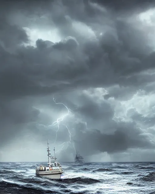 Image similar to establishing shot of a fishing boat on stormy seas, a gigantic star destroyer spaceship in the storm clouds flying overhead, stormy weather, dramatic lighting, unreal engine, hyper realism, realistic shading, cinematic composition, realistic render, octane render, detailed textures, photorealistic, ultrawide shot, 16mm lens