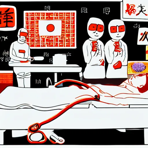 Image similar to chinese surgery operating table, in the style of daniel johnston and outsider art, 8k, line brush, overlaid with chinese adverts