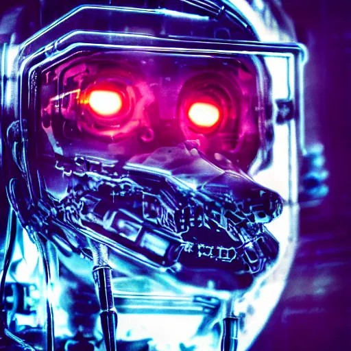 Prompt: portrait of cybernetic wolf, machine, translucent liquid, cyberpunk, robot, mechanical parts, jewelry, editorial photography, neons, blade runner, futuristic style, realistic bokeh and depth of field, award winning, establishing shot