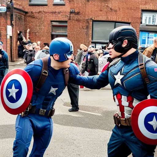 Prompt: photo of captain america fighting the edl in a british pub