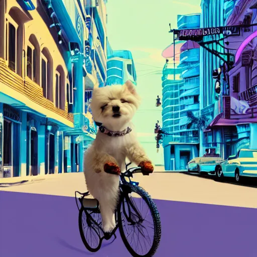 Prompt: a dog riding a bike in the streets of miami, illustration, 8 k, detailed, wonderful, vapor wave,