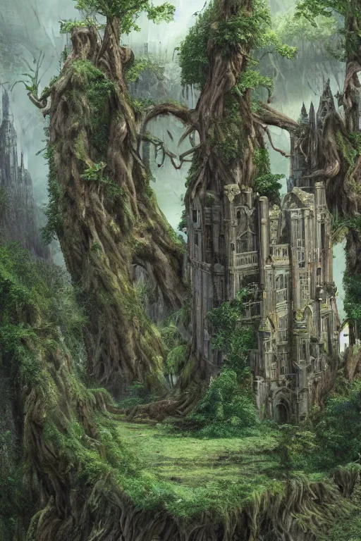 Image similar to gigantic castle, adorned pillars, towers, gnarly trees, lush vegetation, forrest, landscape, alex ross, neal Adams, david finch, concept art, matte painting, highly detailed, rule of thirds, dynamic lighting, cinematic, detailed, denoised, centerd