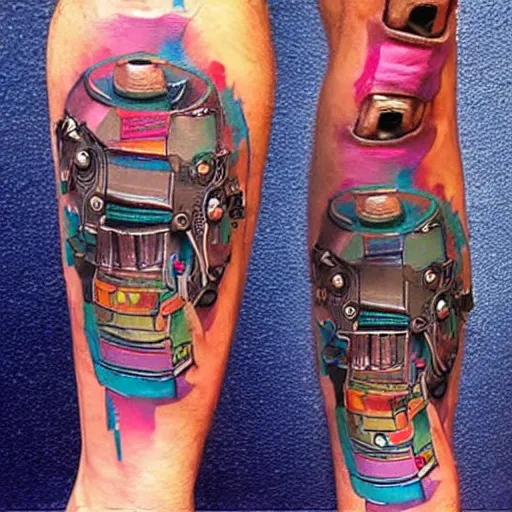 Prompt: leg tattoo of a 3 dimensional hole in the skin with multicolored tubes and robotic mechanics inside under the skin, insanely integrate,