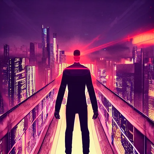 Image similar to a man standing on top of a bridge over a city, cyberpunk art by vincent lefevre, behance contest winner, altermodern, cityscape, synthwave, matte painting